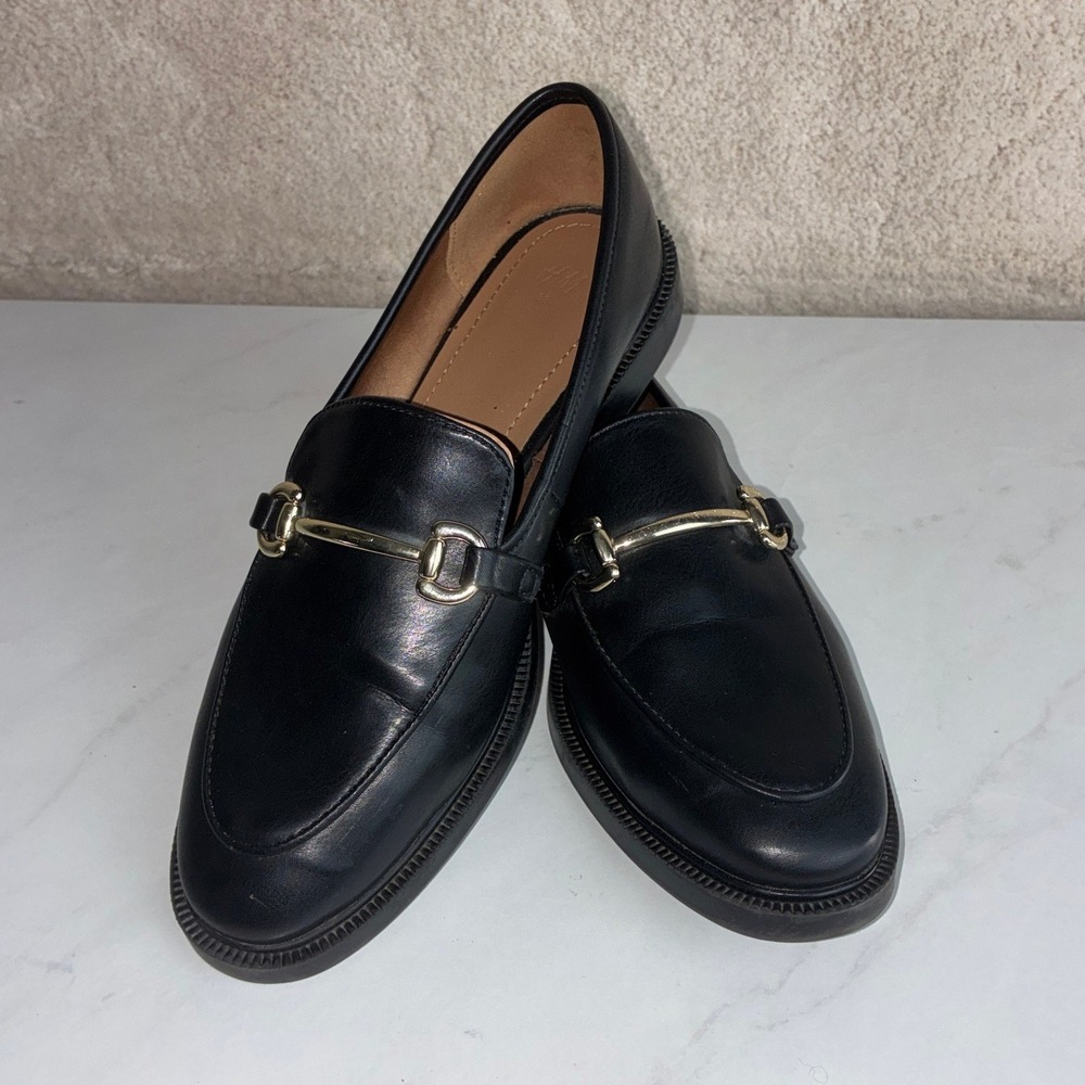 H&M Black Horsebit Loafers - 7 - Faux Leather Gold Detail Classic Preppy Flat